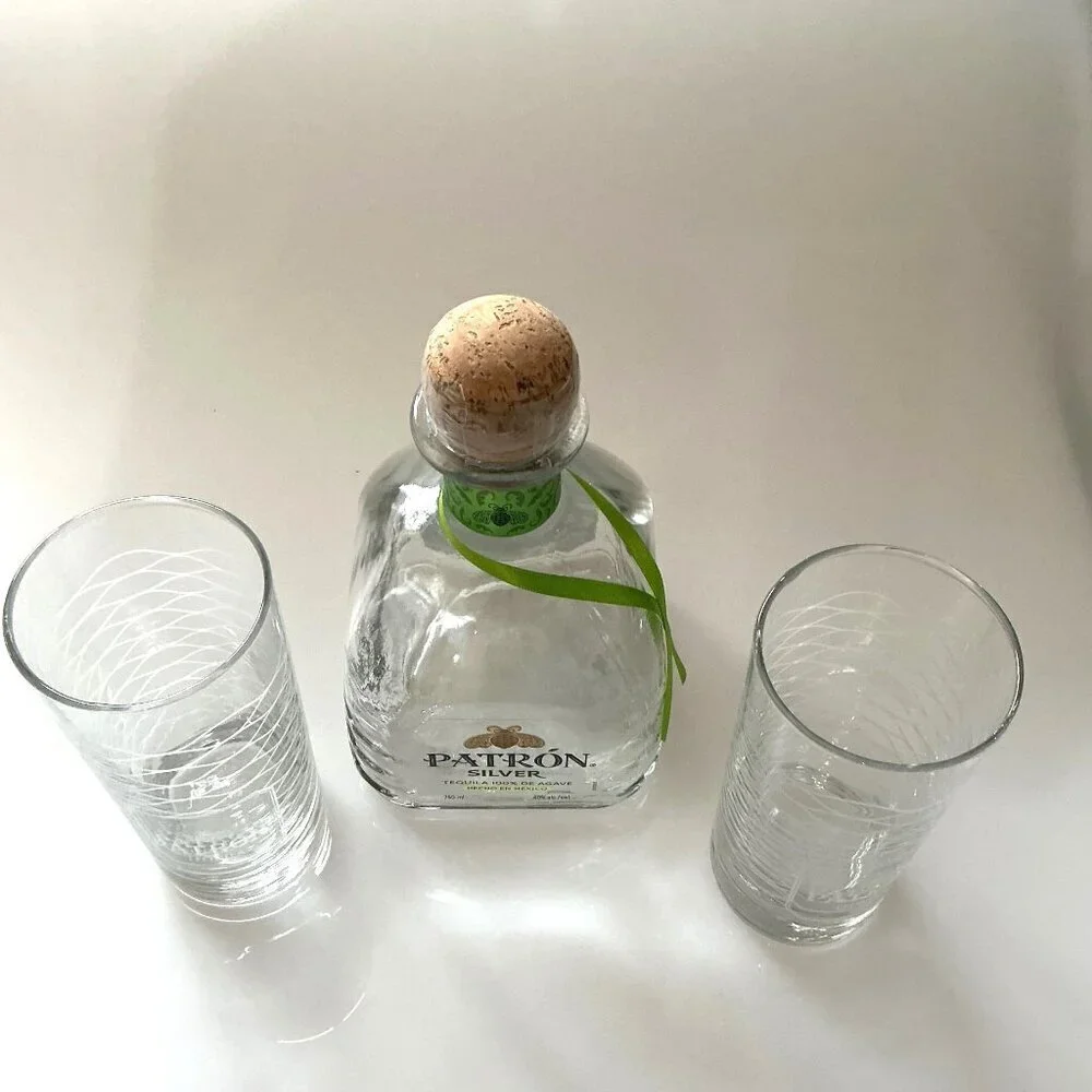 PATRON TEQUILA BOTTLE WITH BAR GLASSES SET NEW BOTTLE DESIGN EMPTY BOTTLE